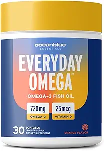 Omega-3号海洋蓝 女性补充品 Burpless Fish Oil 720mg 配有维生素D3 → 小药丸 容易吞下迷你软胶 → 心脏免疫支持橙色火焰(60 Counter minicap)