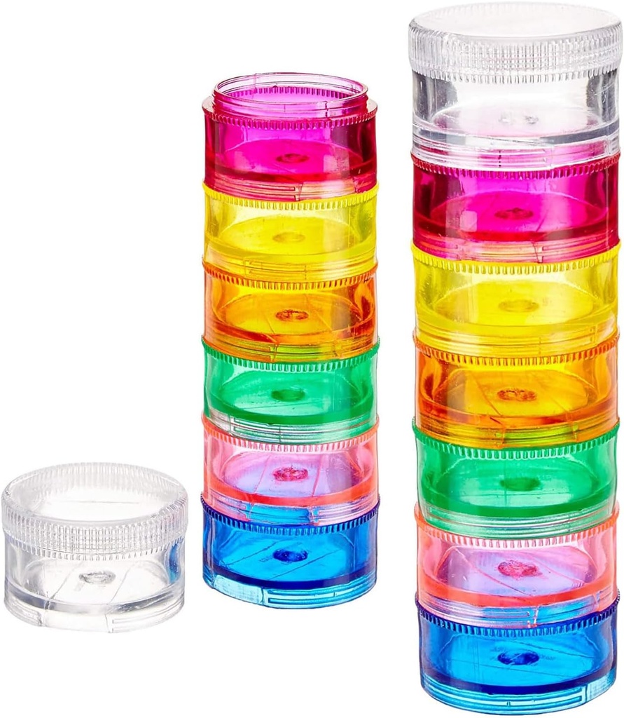 Deke Home - Stackable Pill Organizer (2 Pack), 7 Day Weekly Pill Box Tower with Twist Lock Compartments, BPA-Free, Travel Medicine Holder & Vitamin Dispenser, Compact & Portable Case, Rainbow Colored