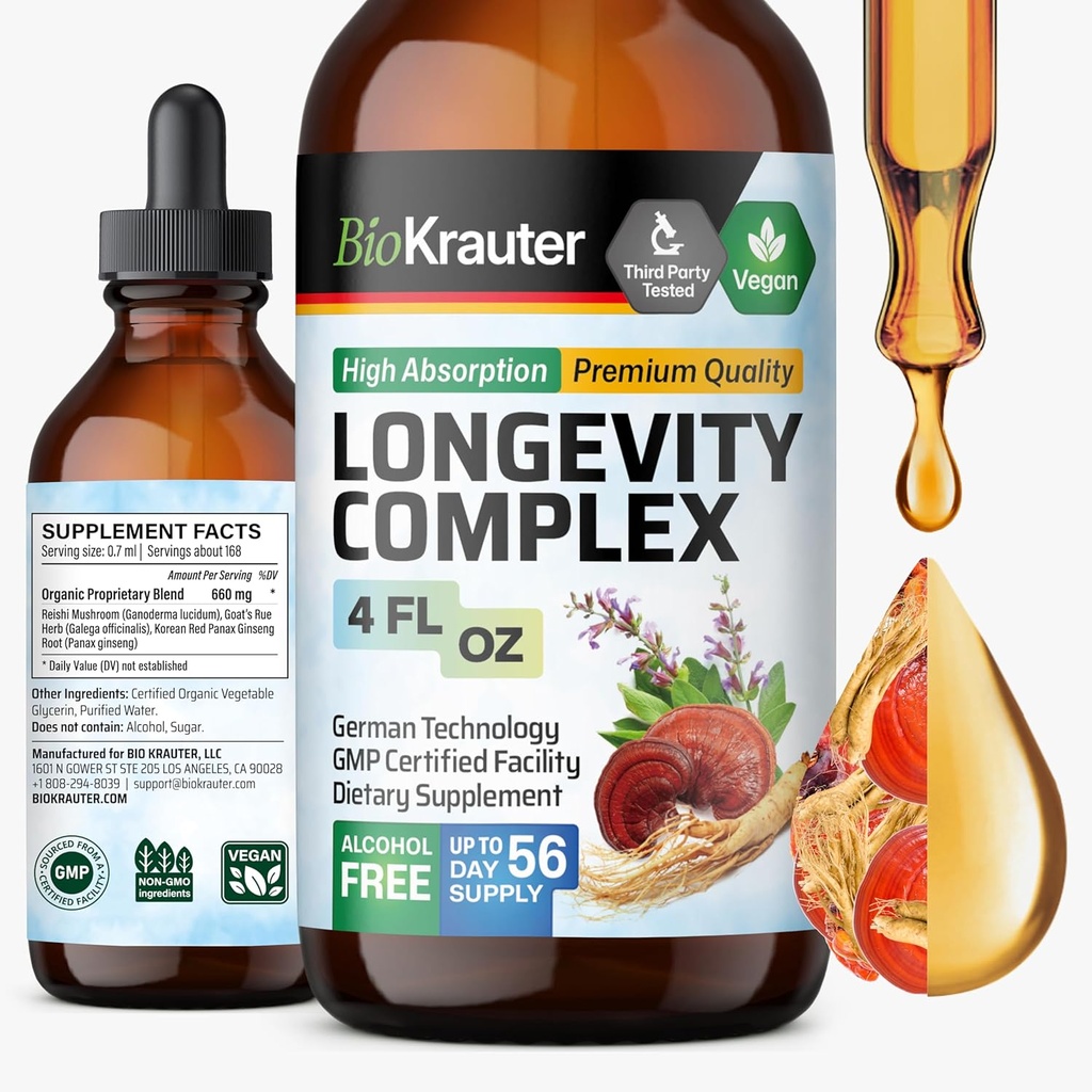 BIO KRAUTER 长寿蘑菇补充品 - 配有Goat的Rue & Red Ginseng根提取器的液态Reishi蘑菇复合体 - Vegan Tincture - 酒精和糖自由滴4 Fl.Oz.