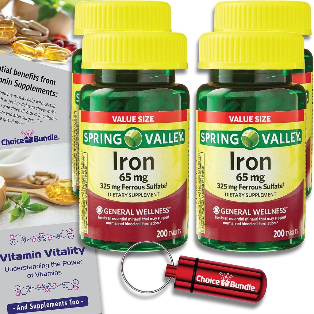 春谷铁片 饮食补充值 尺寸 65 mg 200 CT 4 Pk Choice Bundle(总计800个) + 维生素维生指南和药剂容器(6个项目)!