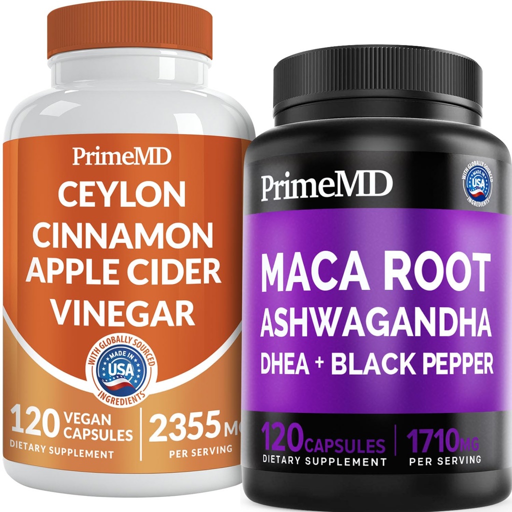 5-in-1 Ceylon Cinnamon w Apple Cider Vinegar, Turmeric, & Ginseng Root (120ct) & 6-in-1 Maca Root Ashwagandha w DHEA & Black Pepper水果 (120ct) Bundle - 能源,Mood, & Immune 支持补编