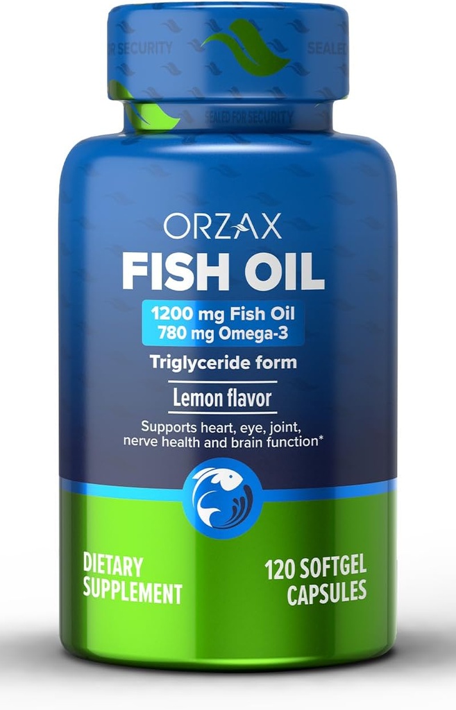 ORZAX Omega 3 鱼油 1200 mg - EPA DHA Omega 3 补充 - 促进心、眼、联合、神经、免疫、脑和血液健康 - Burpless & Lemon Flavored - 非GMO - 120 软胶 - 60天供应