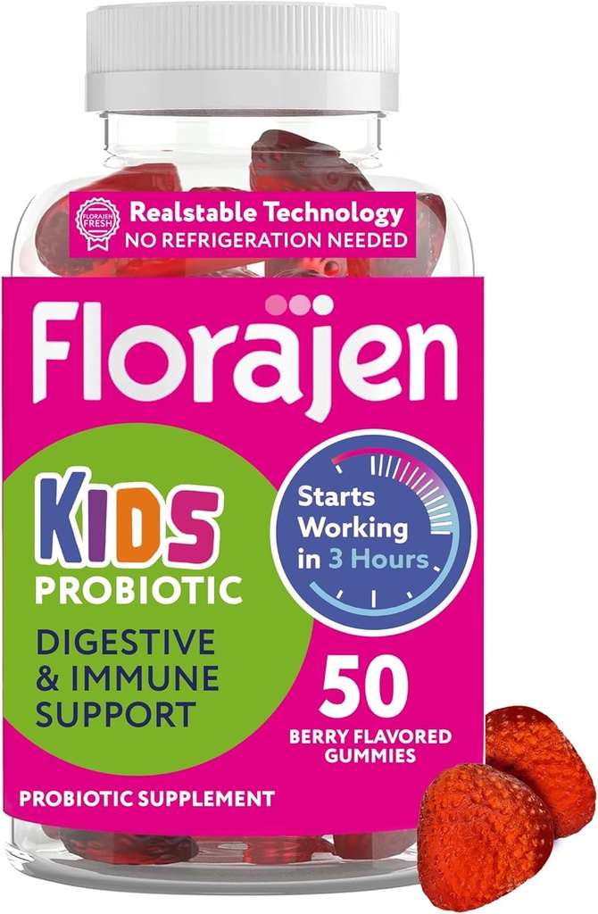 Florajen Kids Probiotic Gummys - 三联行动 Prebiotic, Probiotic, & Postbiotic 补充消化健康,免疫支持,和Bloating Relief - 有机, Vegan, & Gluten - Free - 50 Count