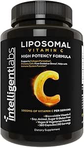 智能实验室 Liposomal Vitamin C 1000mg, 180 Veggie Capsules, 生物可用性, 能源和免疫支持, 抗氧化剂补充剂 MCT Oil and Sunflower Lecithin, 90天供应