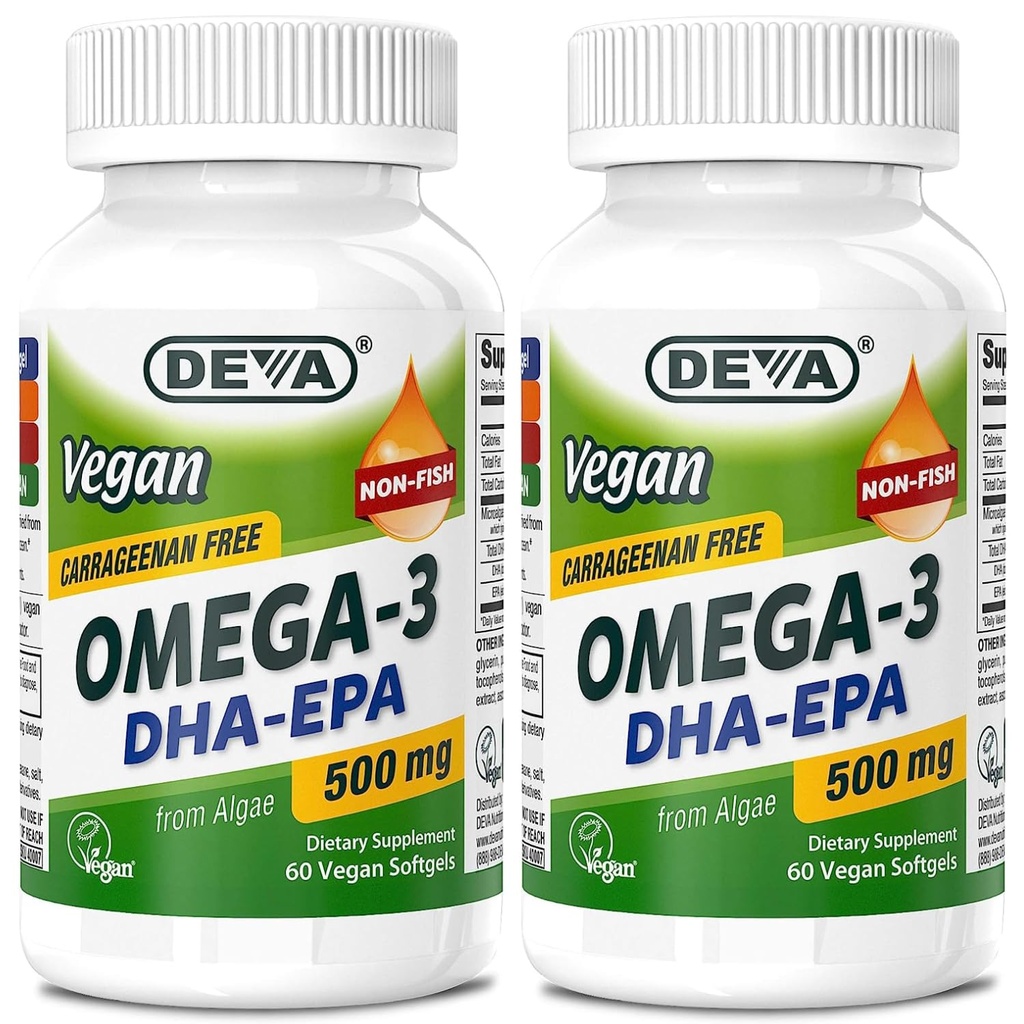 DEVA VAGAN Omega-3 DHA-EPA 500MG 2-Pack – No Carrageenan,非鱼油衍生自藻类,Non-GMO,60 Gelatin-Free Softgels Ea