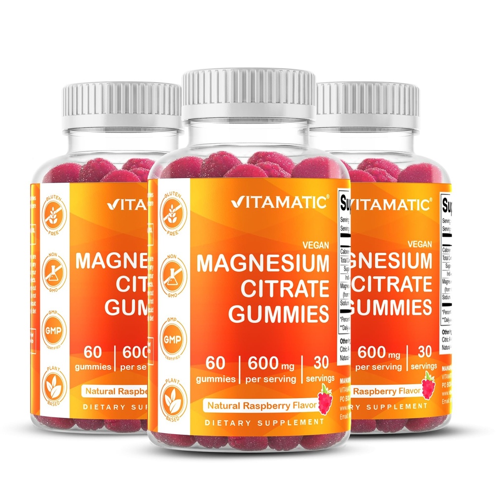 活性镁每架600mg – 60 Vegan Gummys – 放松,肌肉,骨骼和能量支持 – 3 Pack