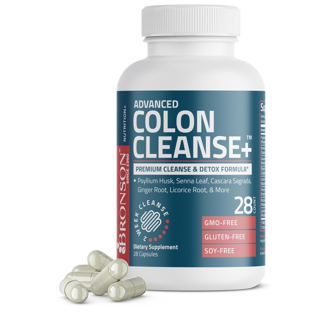 Bronson高级Colon Cleanse Premium 14 Day Cleanse & Detox Formula with Psyllium Husk, Senna Leaf, Cascara Sagrada, Ginger Root, Licorice Root & More, Non-GMO, 28 Capsules (英语).