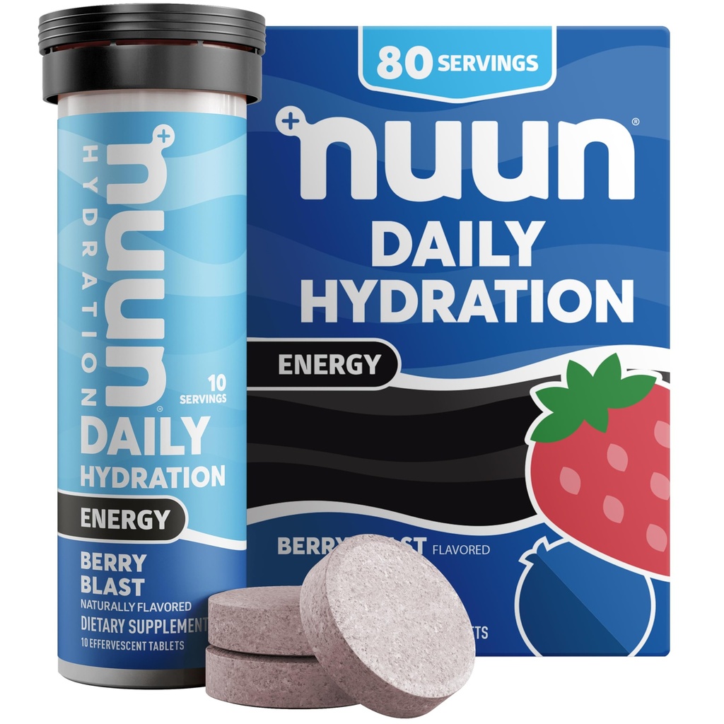 Nun Energy Electrolyte Tables with Ginseng, Cafeine from Green Tea 提取,维生素B12, B6, B5, 镁和4 其他电解质, Gluten Free & Vegan, Berry Blast, 8 Pack (共服务80种)