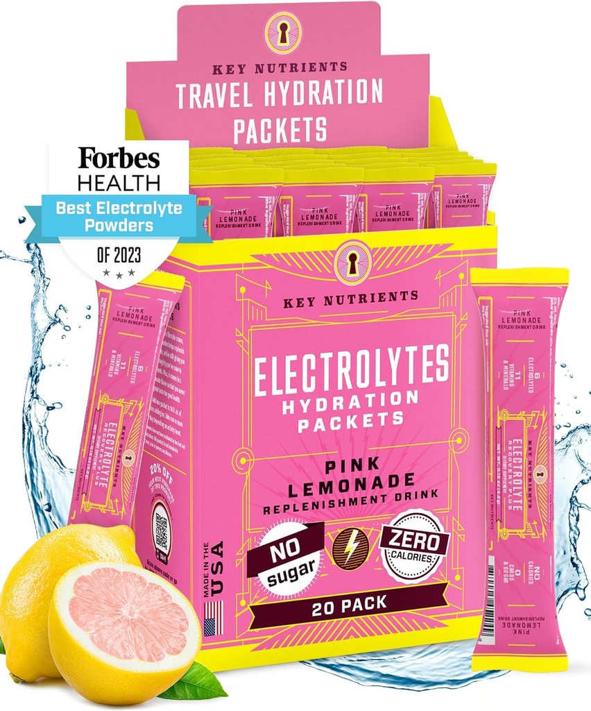 关键NUTRIENTS 电解片 粉末包 - 新鲜粉红柠檬 18 Pack 水解包 - 旅行 水解粉 - 无糖,无卡路里,无糖 - 美国制造