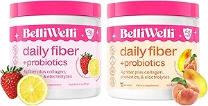 配有Collagen, Probiotics & Electrolytes的每日纤维补充包 - 桃芒果和草莓柠檬汁火焰 - 支持消化健康, Debloating, Gut & Hormone 平衡 - 32 服务总计
