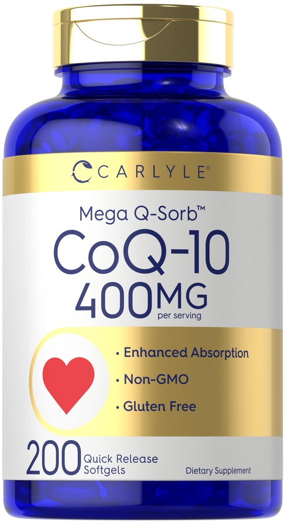 Carlyle CoQ10 400mg Softgels QQ200 Counter QQ 高吸收性共聚体 Q10 与黑胡椒提取 QQ N-GMO 和 Gluten 免费补充