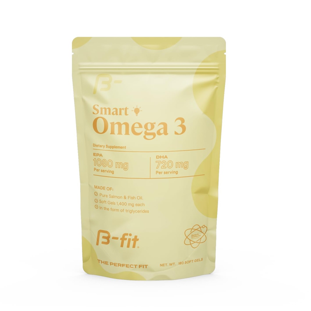 B-FIT Omega 3 鱼油 - 高概率专利配方 - 1800 mg 配以 1080 mg EPA & 720 mg DHA - 180 挪威沙门的无味软胶 - 60天供应 - 心脏,大脑和联合支持