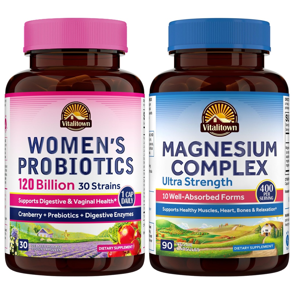 Vitalitown Magnesium + Probiotic Bundle (Pack of 2) → 10in-1 Magnesium Complex & Women Probiotics 120亿 CMUs → 90 Magnesium caps & 30 Probiotic Caps
