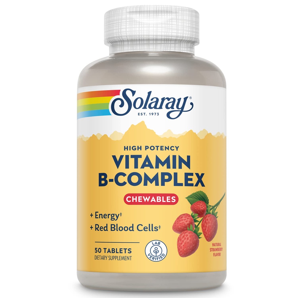 SOLARAY 维生素B-复合食品、草莓、健康能源、红血球、压力和代谢支助,50块