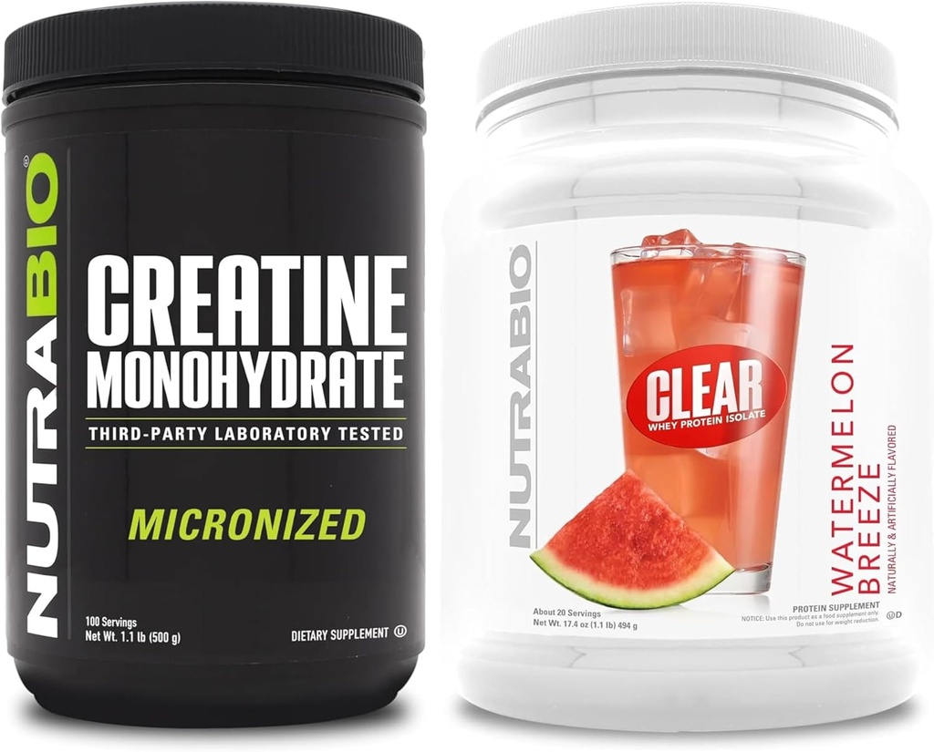 NutraBio Creatine 单水合物,无氟酸酯,(500克)和Clear Whey 蛋白质溶液,(Watelon Breeze) 补充 Bundle – 肌肉能源,最大增殖,恢复和强力