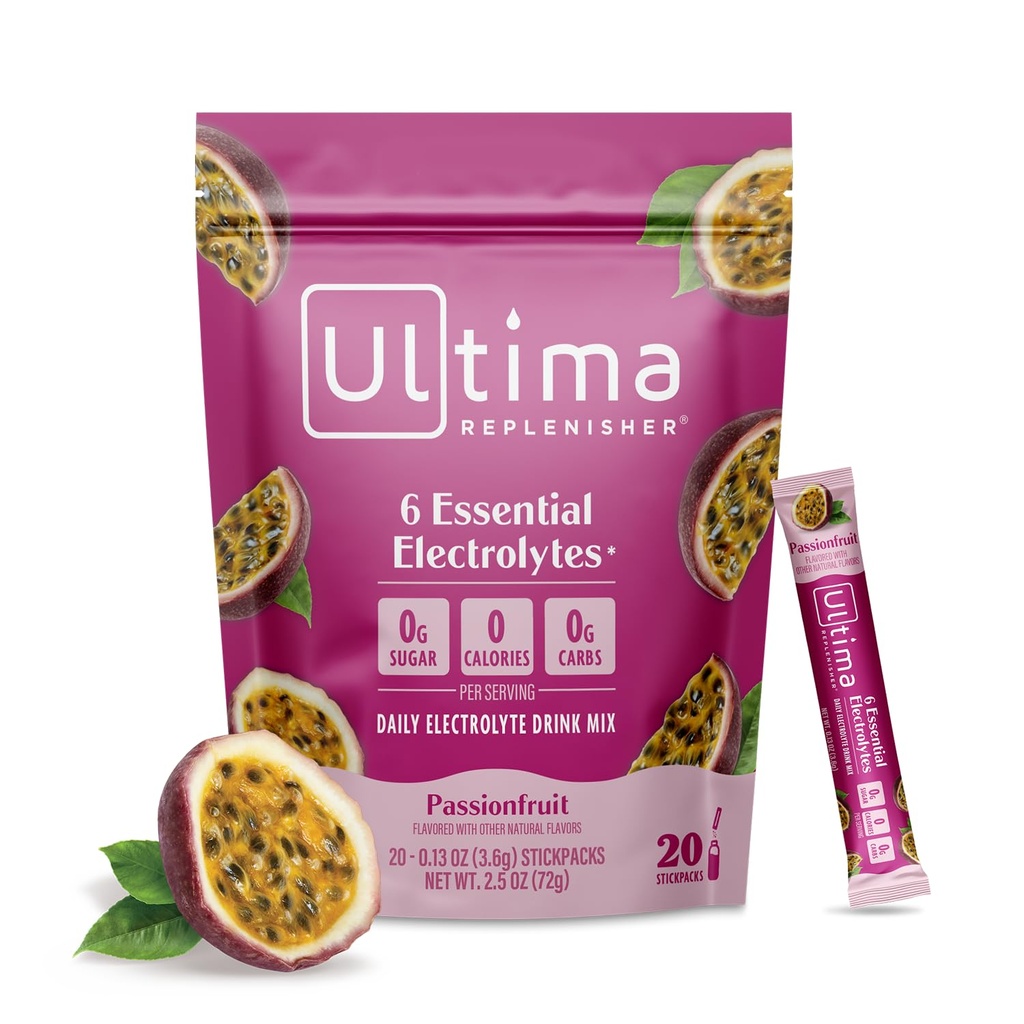 Ultima Replenisher Daily Electrolyte Powder Drink Mix – 无糖配料 – Passione果实 20 棒果配料 – 含6个电解质和追踪矿物的水化包 – Keto 友好,非GMO