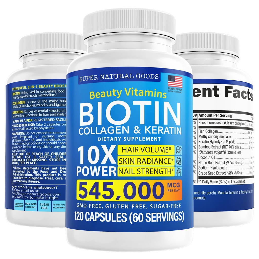 Biotin and Collagen Vitamins + Keratin with Folate - Hair Loss Treatments for Women & Men - Follicle, Skin and Nail Supplements for Hair Growth & Postpartum Support - GMO Free & Gluten Free (120 Caps)