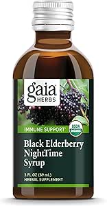 Gaia Herbs Black Elderberry, Nighttime Syrup - Immune Support Supposed - 与有机黑色长莓,加州罂粟和柠檬浆用于休息和免疫防御 - 3 Fl Oz(18日供应)