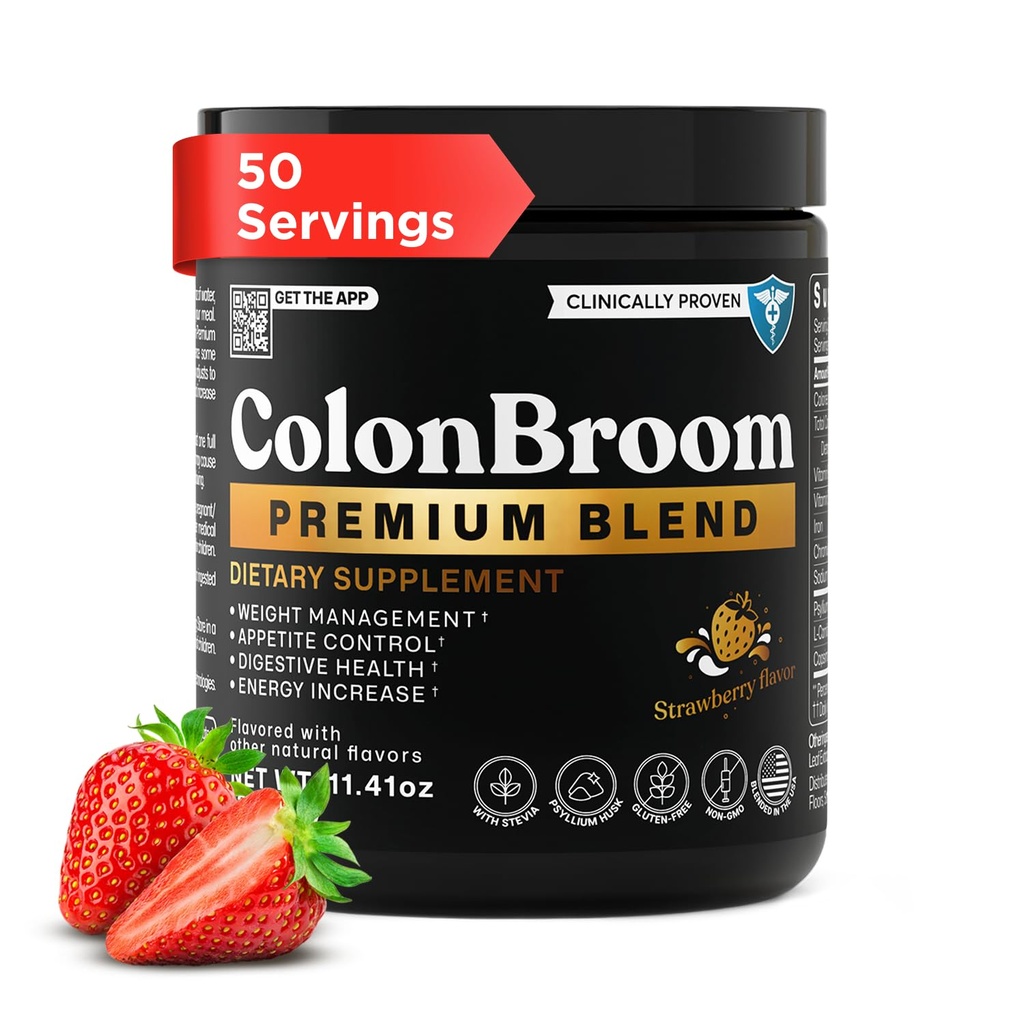ColonBroom Premium 粉末补充剂(草莓) - Colon Broom Psyllium Husk Fiber 粉末饮料 - Gluten Free, N-GMO Colon Cleanse for Bloating Relief & Gut Health, 50 services