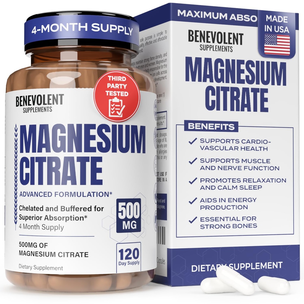 Citrate 500mg Capsules (Citrato de Magnesio) 高吸收公式 Chelate Buffered Citrate 支持文摘、骨骼、睡眠和肌肉健康 - 120 Capsules