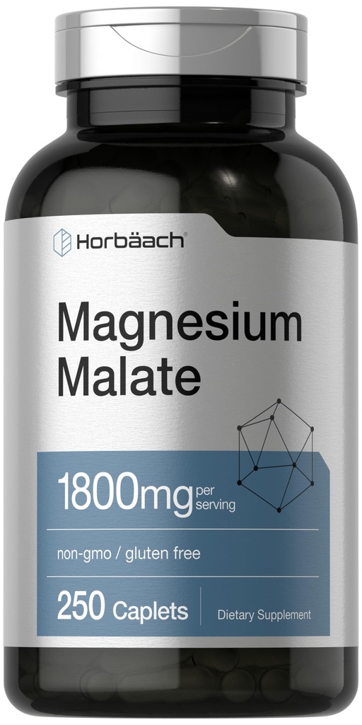 Horbäach Magnesium Malate | 1800mg | 250 毛细毛片 get 蔬菜,非GMO,Gluten免费补充