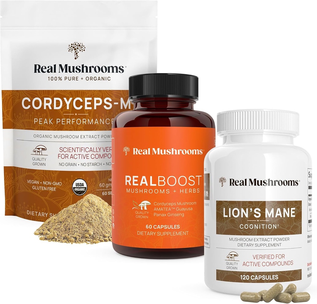 真正的蘑菇 RealBoost(60ct),Lions Mane(120ct) & Cordyceps Mushroom Powder & Capsules Bundle - Mushroom 能源、生命力、耐力和认知的补充 - Vegan,非GMO
