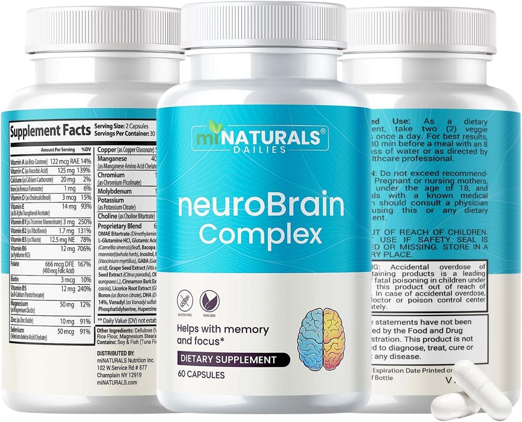MINATURALS神经BRAIN 复合体 帮助记忆和聚焦 男性,女性和老年人,维生素和巴科帕,GABA,葡萄种子,Bilberry水果提取,以及更多.