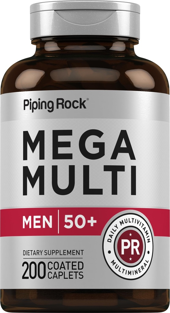 Pipping Rock Multivitamin for Men Over 50+ + + | 200 caplets +  Mega Mega 50+  Daily Daily multiminar + |, ium,  Cal, ium,  Zin,  Zin, 非GMO, Gluten Free Supplement
