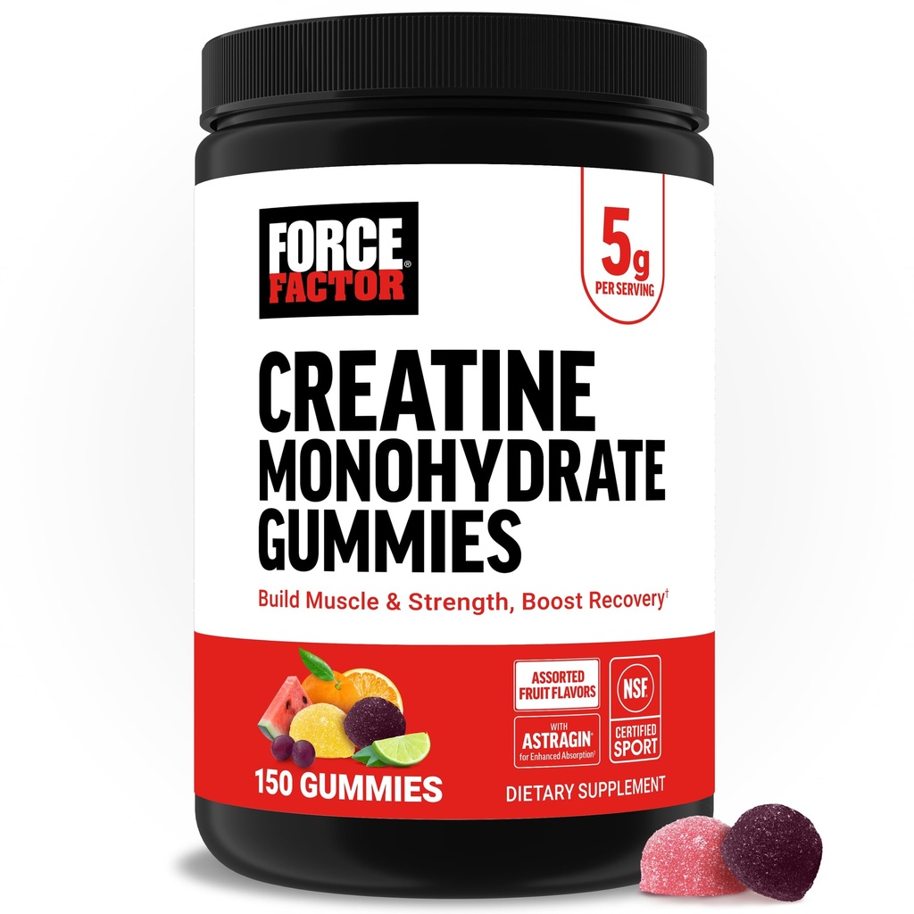 Force Factor Creatine Monohydrate Gummies, NSF Certified, 5g Dose for Men & Women to Support Muscle, Strength, Recovery, Cognitive Health & Memory, Assorted Fruit Flavors, 150 Gummies