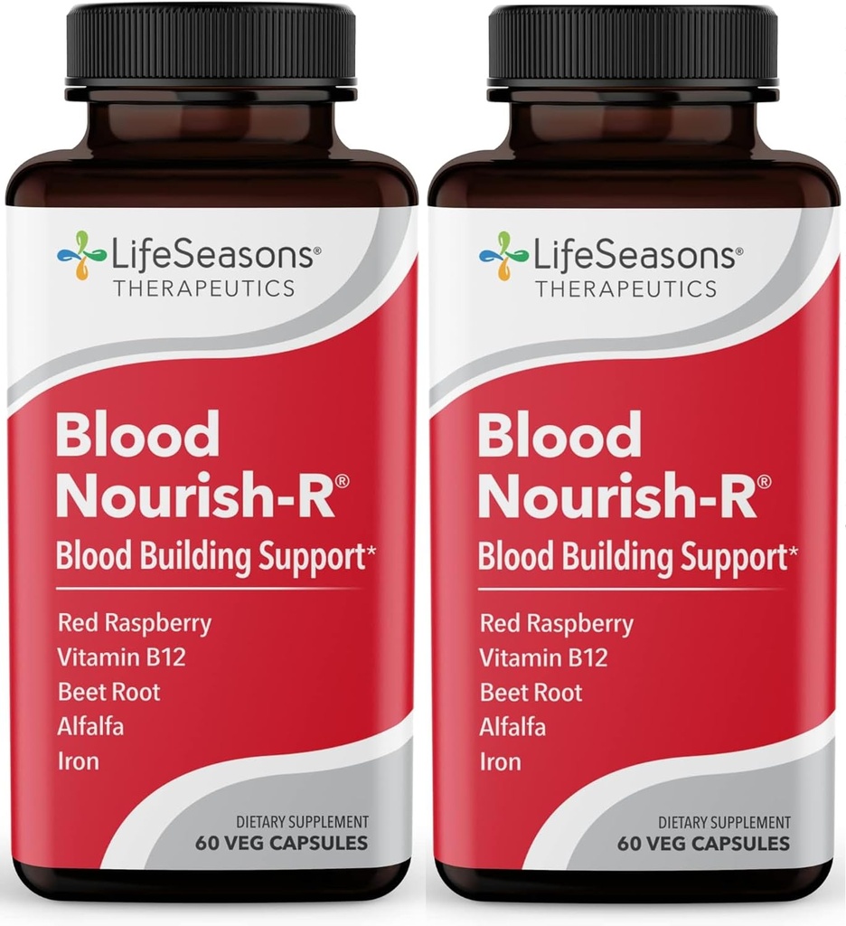 LifeSeasons Blood Nourish-R - 铁补充剂 - 非便秘 - 支持贫血症,发病症,发病症和头晕 - 血型建筑 - 铁,阿尔法尔法,Raspberry & Vitamin B-12-60 Capsules (Pack of 2)