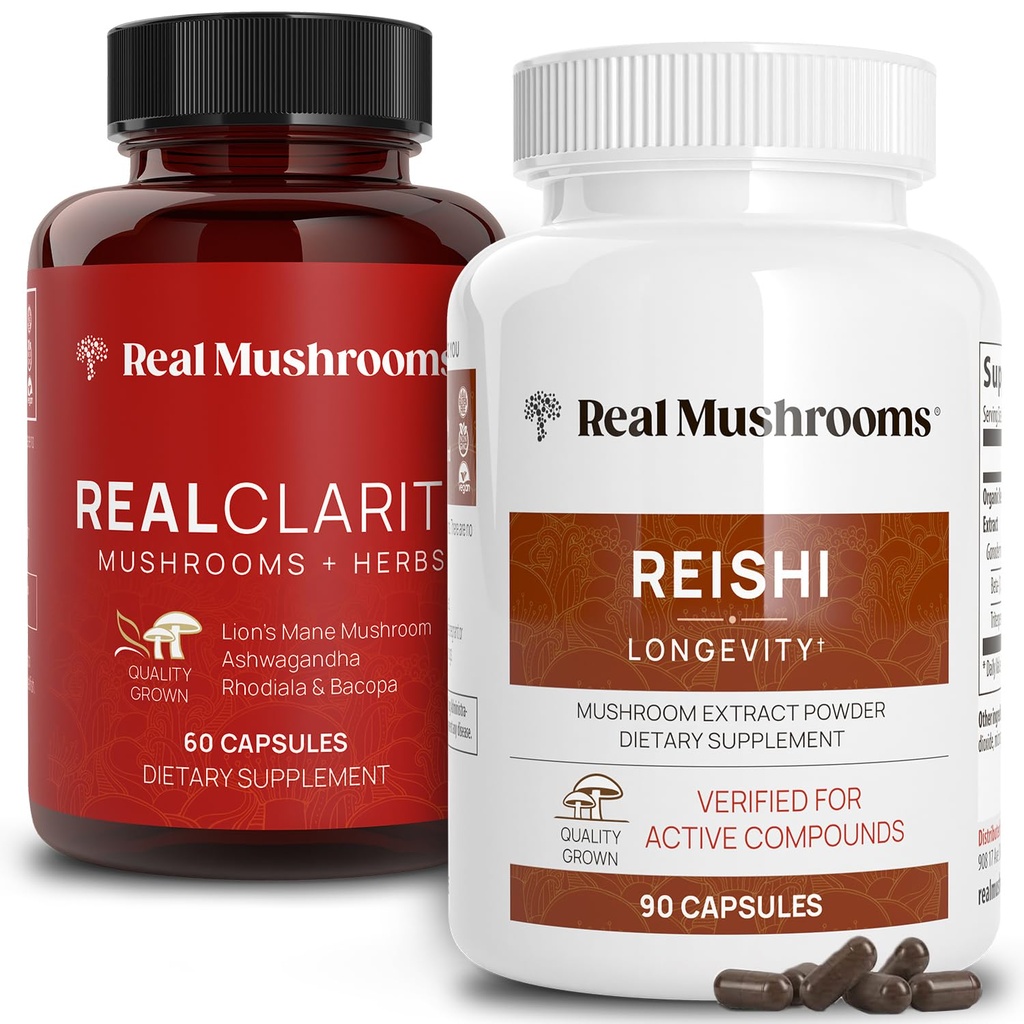 真正的蘑菇(60ct)和Reishi(90ct) Capsules Bundle - 蘑菇补充剂,用于精神清晰、聚焦、放松、睡眠和长寿 - Vegan,非GMO,Beta-Glucans的验证水平