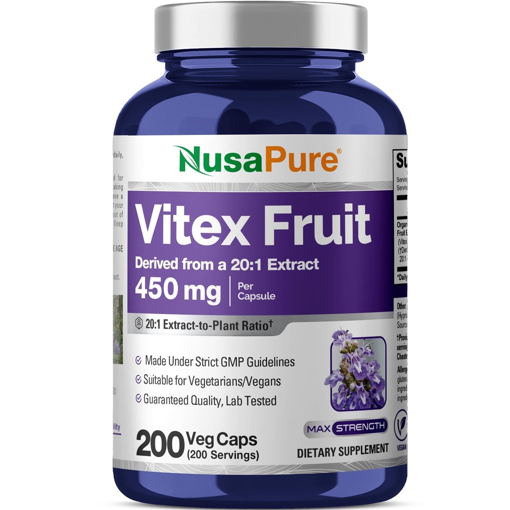NusaPure Vitex Chasteberry 水果 20:1 提取物,450毫克等效于9,000毫克的 Vegan Capsules - 非GMO, Vegan 饮食补充品