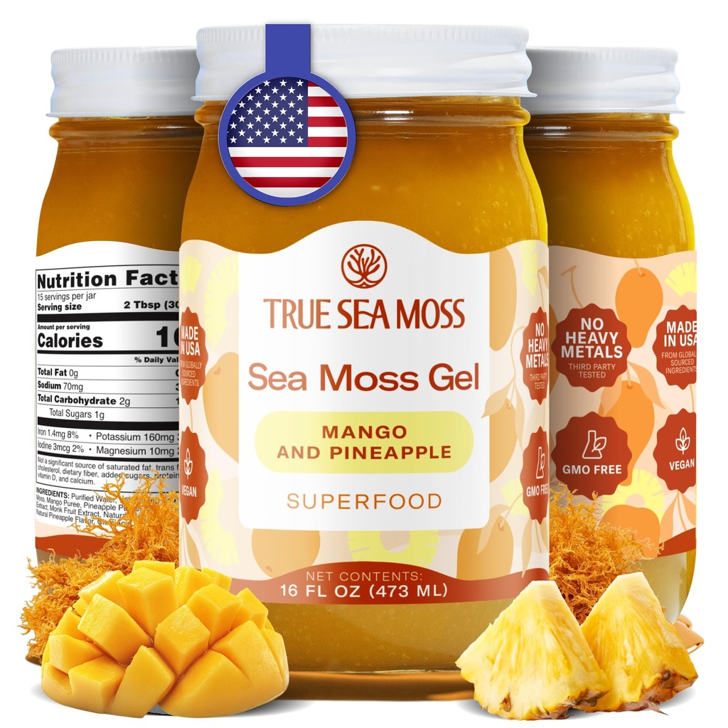 Three SeaMoss Wildcrafted 爱尔兰海 Moss Gel - Seamoss, Gut Health & Antioxidant Supports - 在美国制造(芒果/菠萝,包装1)