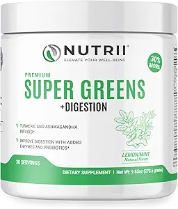 有机绿色豁免超食品粉 - Soothes Digestion, Boosts 健康生命力和能源. 配有亲生药、酶、Turmeric和Ashwagandha的快速代理配方(30架柠檬明)