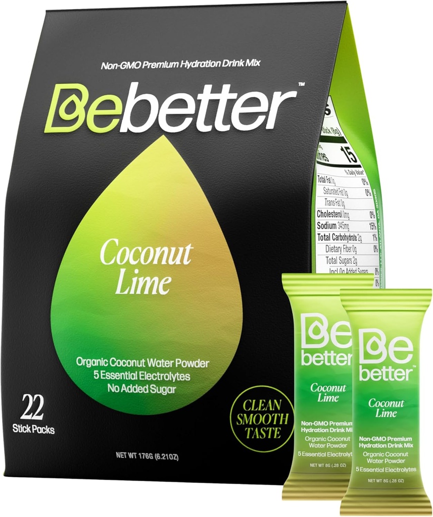 Bebetter Organic Electrolytes Powder Packets – 每日电解饮品 Mix – 有机椰子水 – 无人工火花 – 无糖无水性 Packets – 非GMO – 22 棒包(Coconut and Lime)