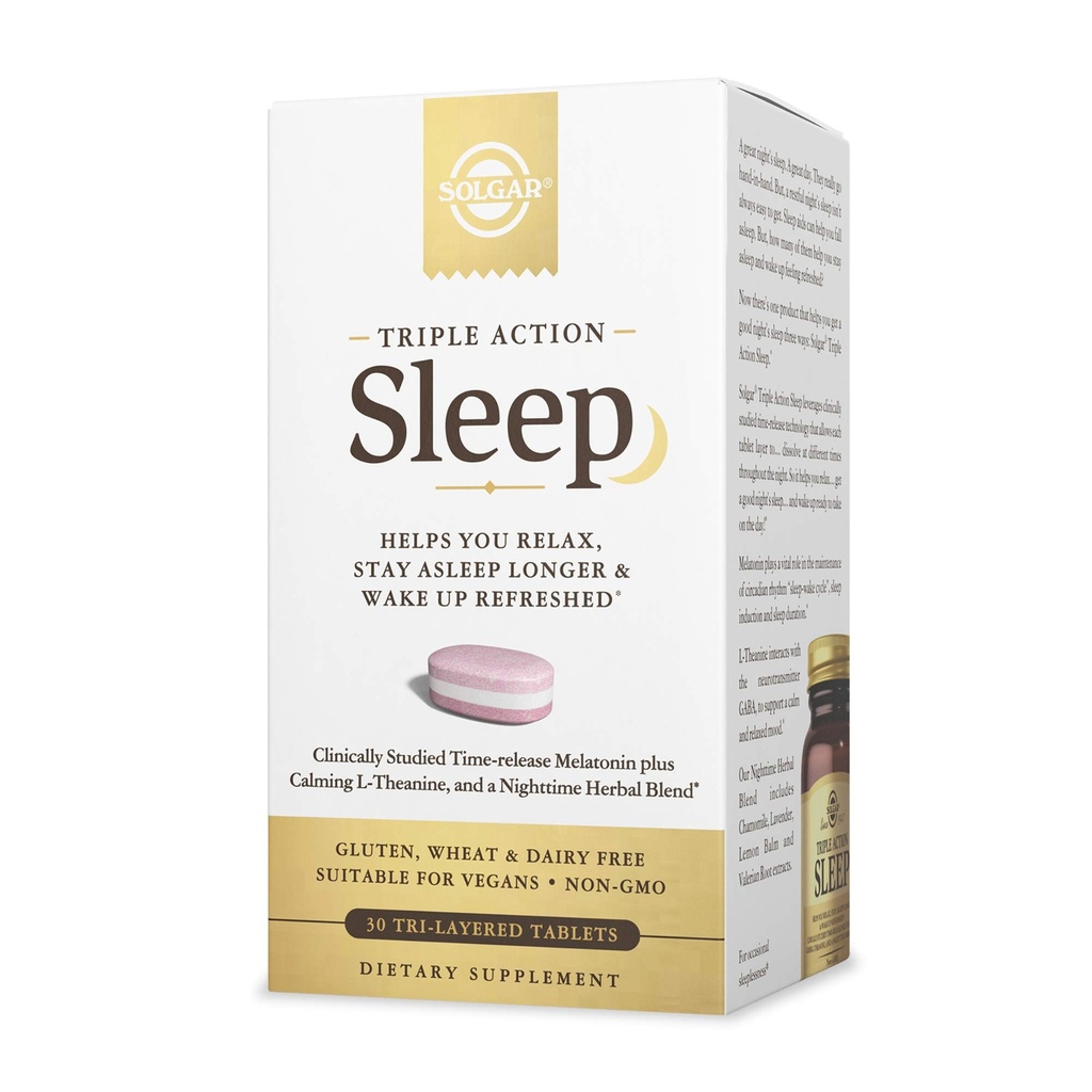 Solgar Triple Action Sleep, 30 Tri-Layer板块 - Time-Release Melatonin & L-Thenine Plus Herbal Blend - 帮助你放松, Fall Asleep Fast & Stay Asleep Longer - 非GMO, Gluten Free - 30 services