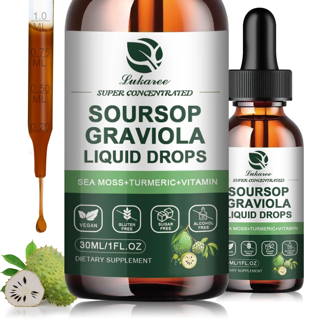 (2 Pack) Soursop Graviola Leaf 提取液滴 Plus纯植物海摩斯用于细胞支持和再生,豁免,活体,Gut & Antioxidant - Soursop Bitters Liquid, Natural Flavor, 1 Fl Oz