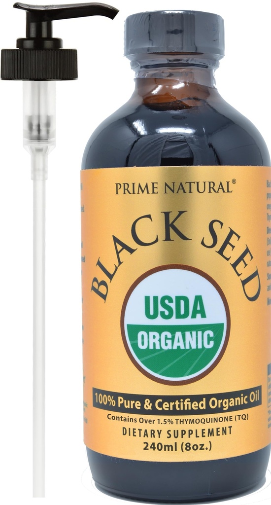 PRIME NATURAL 有机黑种子油 8oz 冷压未提炼的高Thymoquinone 1.7% USDA 认证 | Turkish Orient Potent Pure Nigella Sativa Liquid | Vegan Omega 3 6 9 抗氧化剂