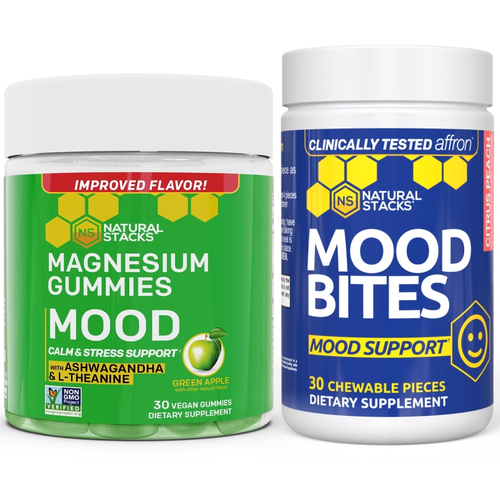 Natural STACKS Mood Bites + Mood Magnesium Gummys Bundle - 阳性Mood和应激支持* - 60 Chewables