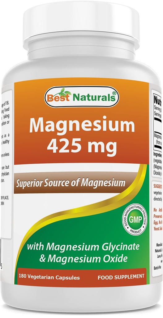 最佳天然镁 425 mg 180 Veggie Capsules - 高吸收性镁 Glycinate & Magnesium Oxide Chelated, Non-GMO, Gluten Free Muscle Relax (180 count (pack of 1)) 高吸收性镁和氧化镁 化学剂,非GMO, Gluten Free Muscle Relax (180 count of 1)