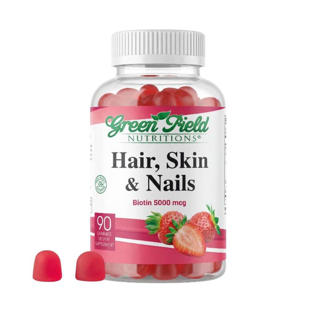 Greenfield Nutritions - Halal Biotin Gummies Vitamin for Hair, Skin and Nails, Supports Fat Metabolism, Hair Growth, Strong Nails & Clear Skin, Gelatin Free, Non-GMO, and Gluten Free - 90 Gummies