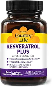 乡村生命 Resveratrol Plus 1000mg - 有机抗氧化剂补充剂,配有松柏和葡萄种子提取剂 - Vegan, Gluten-free, Non-GMO