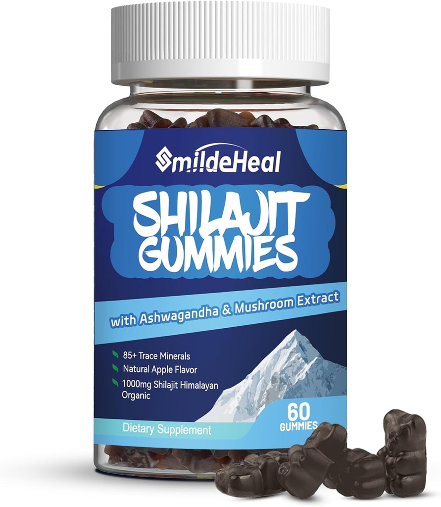 Shilajit Gummys 1000 MG, 有机Shilajit补编, 85+ Trace Minerals, 配有 Ashwagandha, 蘑菇 - 能量,脑力,豁免支助, 男女- 60 Counter