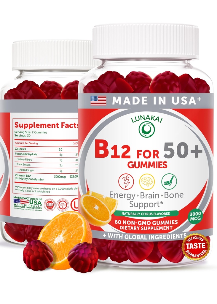 Lunakai USA 制造维生素B12 成人葡萄酒50+,Non-GMO B12 能源与生命力靴,美味橙汁,60厘米