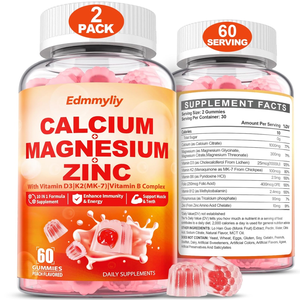 含维生素D3 K2 & B 复合物的镁锌钙补充剂 女性 1000mg 钙 配以镁镁 mm 用于骨骼,肌肉和免疫支持,无糖, Vegan