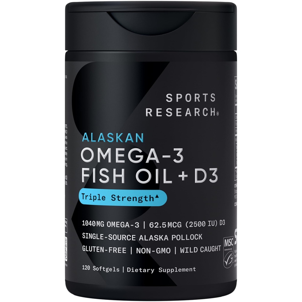 体育研究-阿拉斯加Omega-3鱼油1040mg + 维生素D3 2500iu - 支持脑和心脏健康-MSC认证可持续-野生-捕捉-非GMO-Triglyceride Form - 120 Softgels