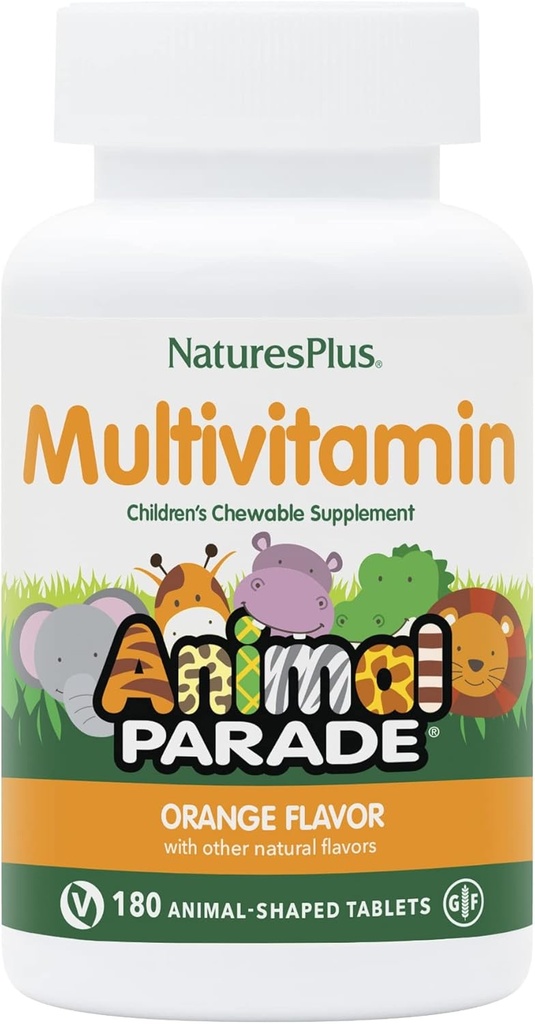 Natures Plus Animal Parade Chewwable Children's Multivitamin - 橙色火焰 - 180 动物形状片 - 促进健康和福祉 - 蔬菜,格鲁滕自由 - 90 服务