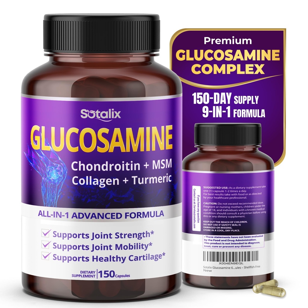 Sotalix Glucosamine 650mg – 全英-1 与Chondroitin,MSM,Collagen,Turmeric,维生素D3 & Hyaluronic Acid – 150 Capsules – 无壳鱼联合支持