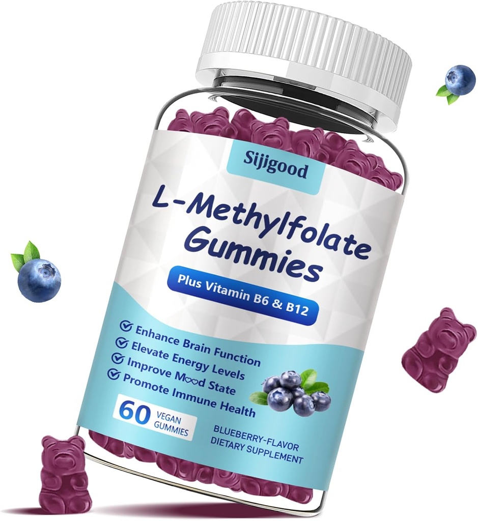 L-Methylfolate Gummys配有甲基B12 - 增强Mood能力,优化脑健康并强化免疫系统. 蓝莓Flavor 60伯爵.