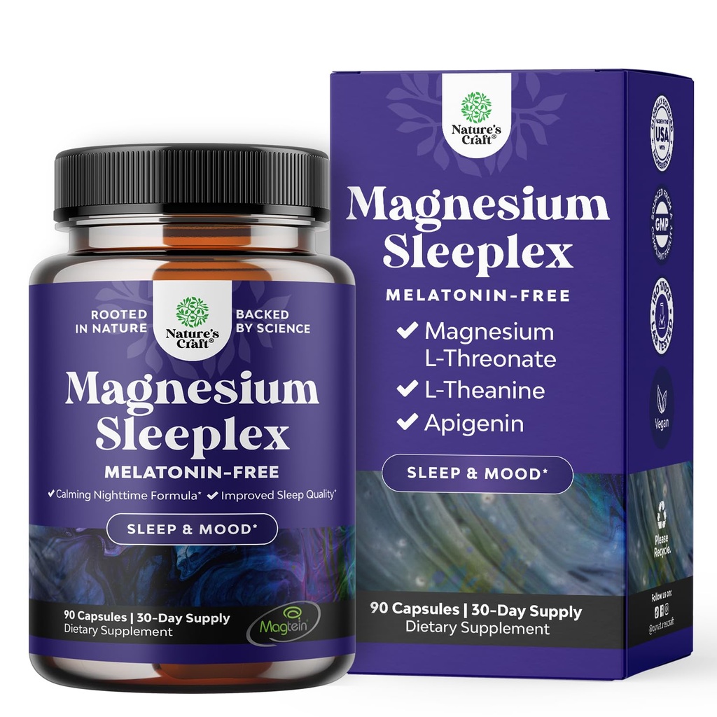高吸附性镁睡眠补充剂 - 休息支持 Magtein Magnesium L-Threonate 和 Apigenin Theanine 用于睡眠和男女休息 - Mg L-Threonate Melatonin 免费睡眠援助 - 90 Ct